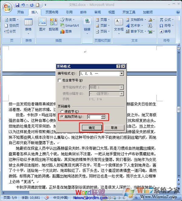 設置“頁碼格式”對話框