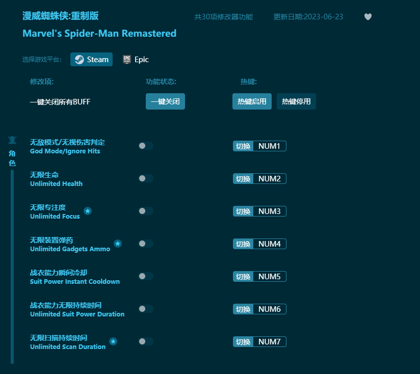 漫威蜘蛛俠重制版三十項修改器 v2023最新版